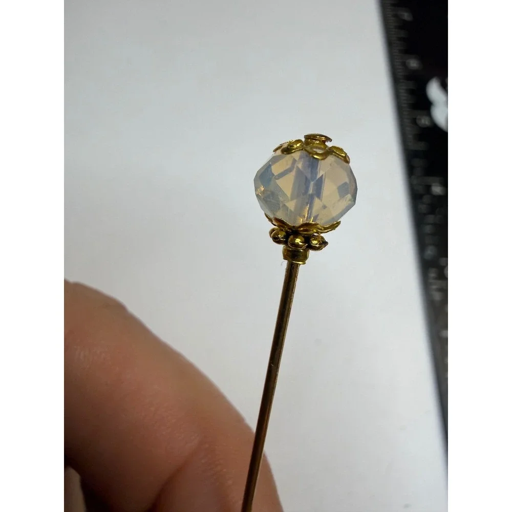 Vintage Iridescent Opaline Glass Bead Stick Pin Gold Tone Filigree Lapel Pin